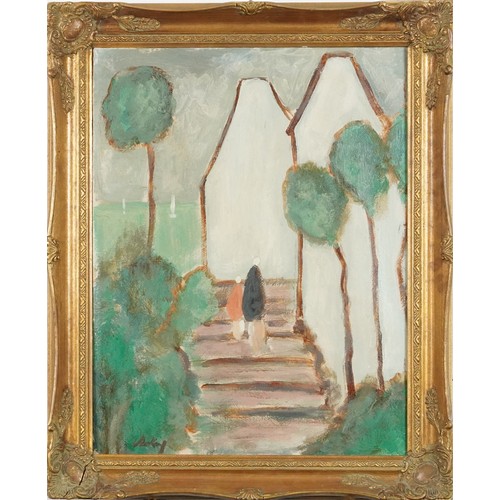 410 - Figures on a pathway beside cottages and water, Irish school oil on canvas in a gilt frame, 44.5cm x... 