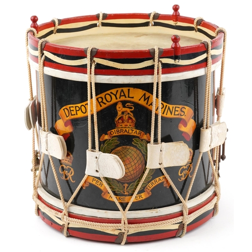 British military George VI Royal Marine Depot side drum with hand painted motifs, 39cm high x 37.5cm in diameter