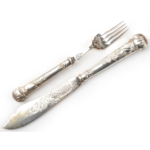 1194 - Victorian twelve place canteen of silver plated fish knives and forks engraved and embossed with flo... 