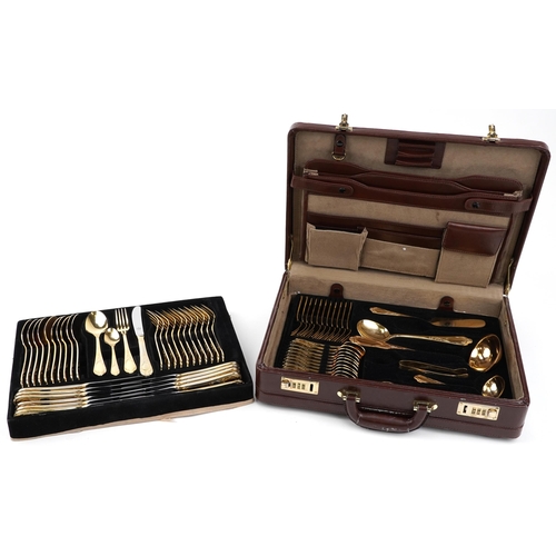 1190 - German SBS canteen of gold plated cutlery housed in a brown leather brief case, 45.5cm wide