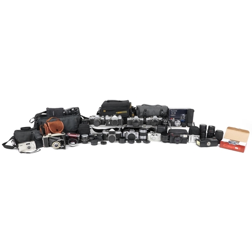 758 - Vintage and later cameras, lenses and accessories including Zenit-B, Canon EOS300V, Olympus, Tonica ... 