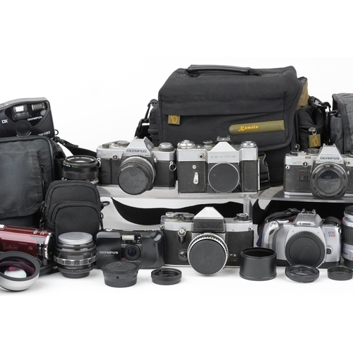 758 - Vintage and later cameras, lenses and accessories including Zenit-B, Canon EOS300V, Olympus, Tonica ... 