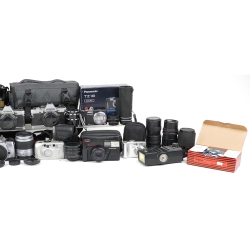 758 - Vintage and later cameras, lenses and accessories including Zenit-B, Canon EOS300V, Olympus, Tonica ... 