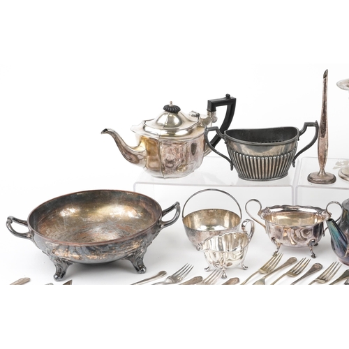 1434 - Victorian and later silver plated metalware including Elkington & Co vase, various flatware and teap... 