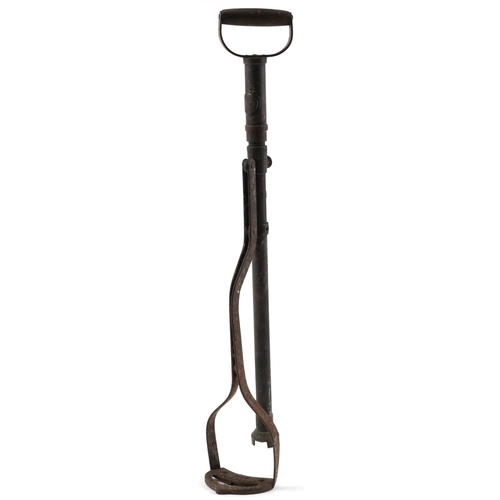 1805 - Military interest stirrup pump with Hill Patent plaque and wooden handle, 72.5cm high