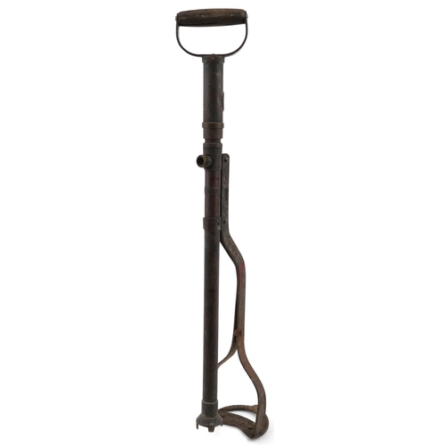 1805 - Military interest stirrup pump with Hill Patent plaque and wooden handle, 72.5cm high