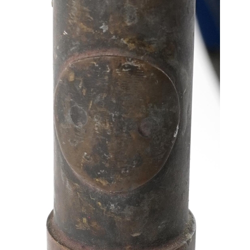 1805 - Military interest stirrup pump with Hill Patent plaque and wooden handle, 72.5cm high