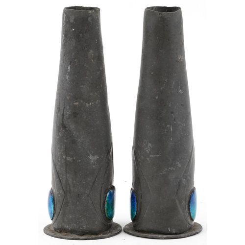 223 - Archibald Knox for Liberty & Co, pair of Arts & Crafts Tudric pewter vases with blue enamelled heart... 