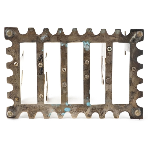 1350 - Early 20th century silver plated brass five section letter rack, 20.5cm wide