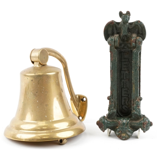 1428 - Shipping interest brass ship's bell and a green painted cast iron bat design doorknocker letter flap... 