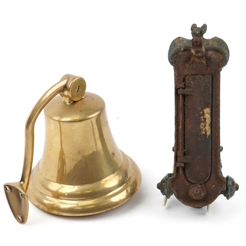 1428 - Shipping interest brass ship's bell and a green painted cast iron bat design doorknocker letter flap... 