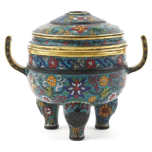 179 - Chinese cloisonne patinated bronze tripod censer with pierced cover enamelled with flowers, four fig... 