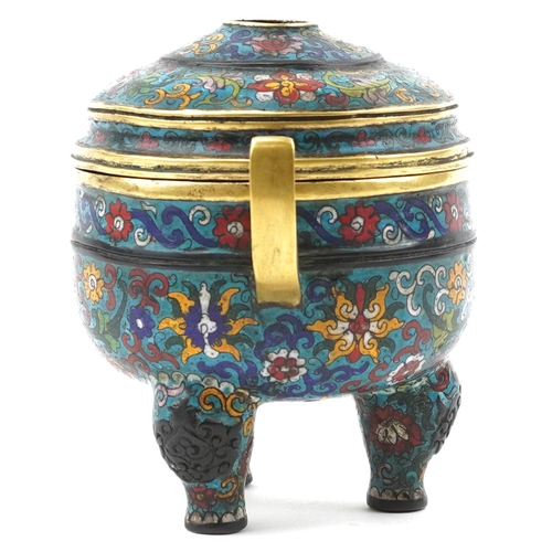 179 - Chinese cloisonne patinated bronze tripod censer with pierced cover enamelled with flowers, four fig... 