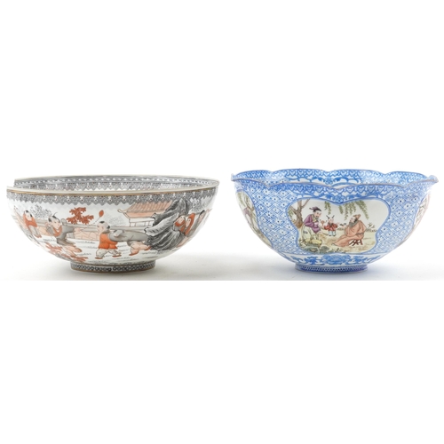 220 - Two Chinese eggshell porcelain bowls including one hand painted with panels of figures in palace set... 