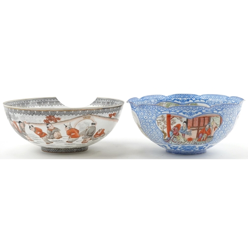 220 - Two Chinese eggshell porcelain bowls including one hand painted with panels of figures in palace set... 