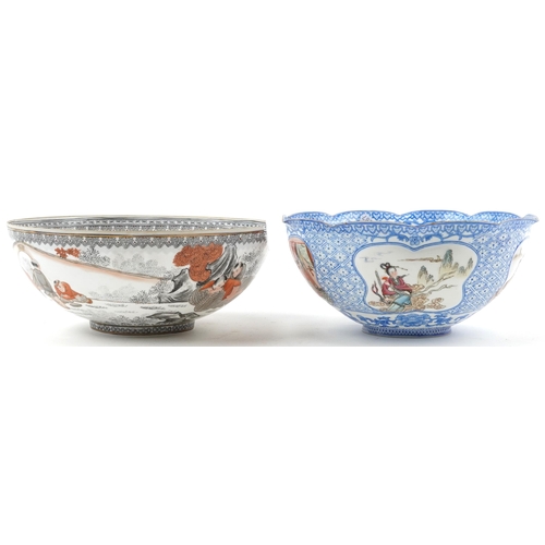 220 - Two Chinese eggshell porcelain bowls including one hand painted with panels of figures in palace set... 