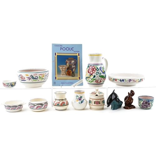 1163 - Poole pottery and Honiton collectable china including jug, bowl, preserve jar and cover and a Poole ... 