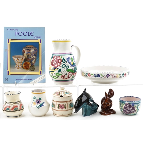 1163 - Poole pottery and Honiton collectable china including jug, bowl, preserve jar and cover and a Poole ... 