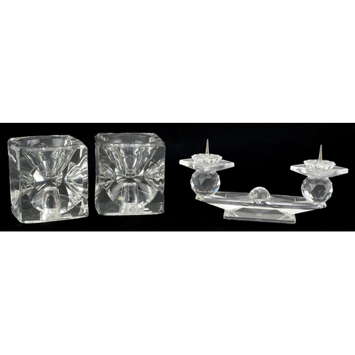 1467 - Swarovski Crystal two branch candleholder and a pair of Sklo Union Glass cube candle holders