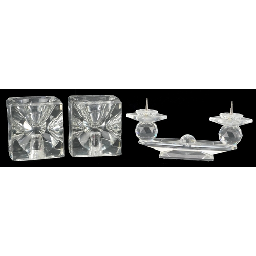 1467 - Swarovski Crystal two branch candleholder and a pair of Sklo Union Glass cube candle holders