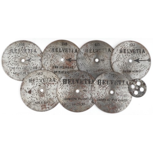 1230 - 19th century Helvetia music box playing on eight 4.5 inch discs, 14.5cm H x 37cm W x 19.5cm D