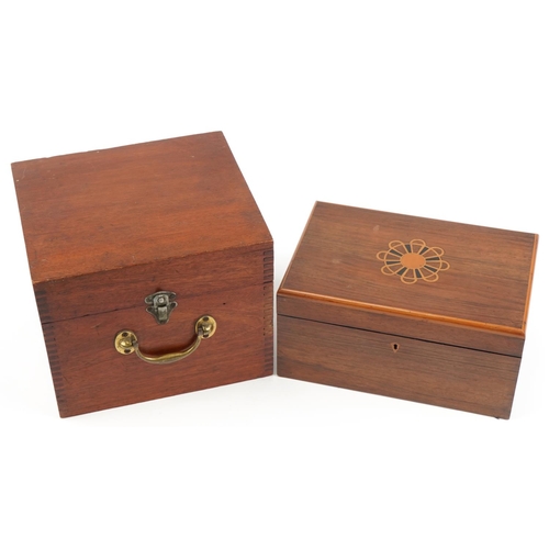 1489 - Inlaid rosewood workbox with fitted lift out interior and a hardwood humidor with brass carrying han... 