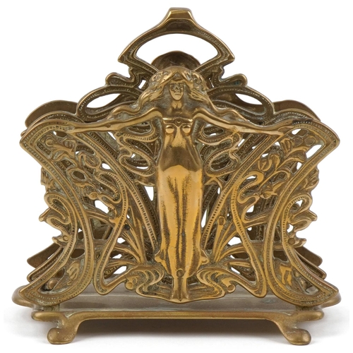 1319 - Art Nouveau style bronzed maiden design two section desk letter rack, 17cm wide