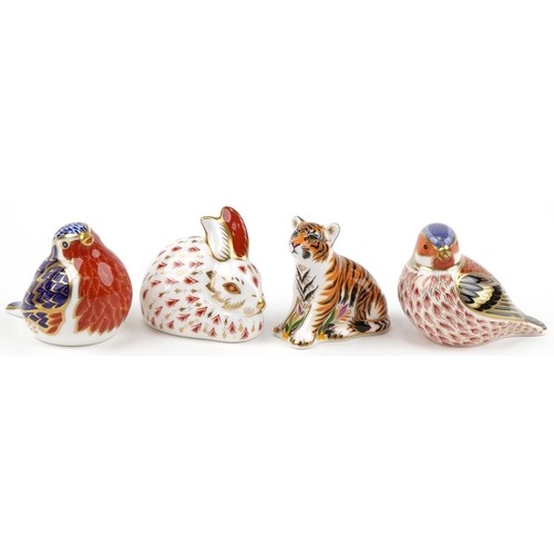 1176 - Royal Crown Derby rabbit, Sumatran tiger cub and Chaffinch robin, paperweights with gold coloured st... 