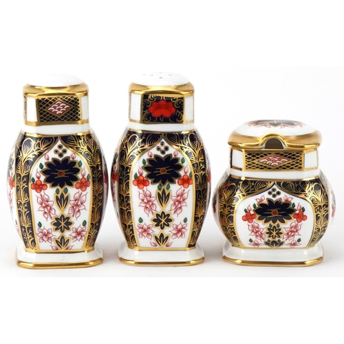 81 - Royal Crown Derby Old Imari three piece cruet set , the largest 9.5cm high