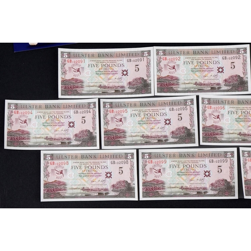 566 - Ten count these 2006 Ulster Bank Limited George Best design five pound notes, including three with c... 