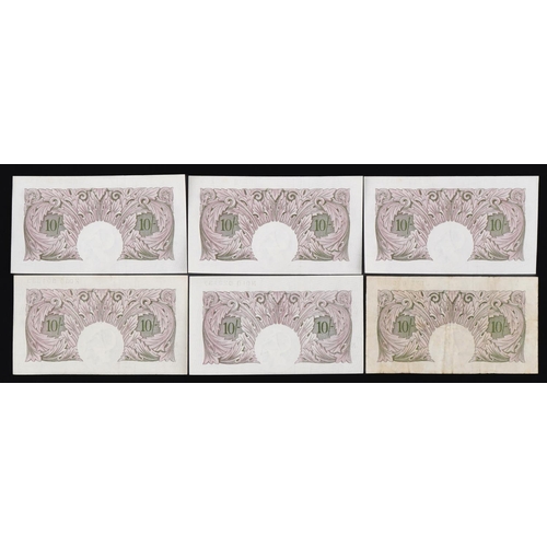 559 - Six Bank of England ten shilling notes, each Chief Cashier K O Peppiatt, including three with consec... 