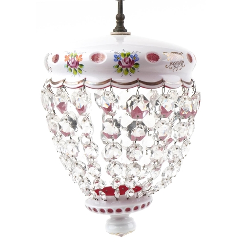 240 - Attributed to Moser, Bohemian white overlaid cranberry glass hanging light pendant with cut glass dr... 