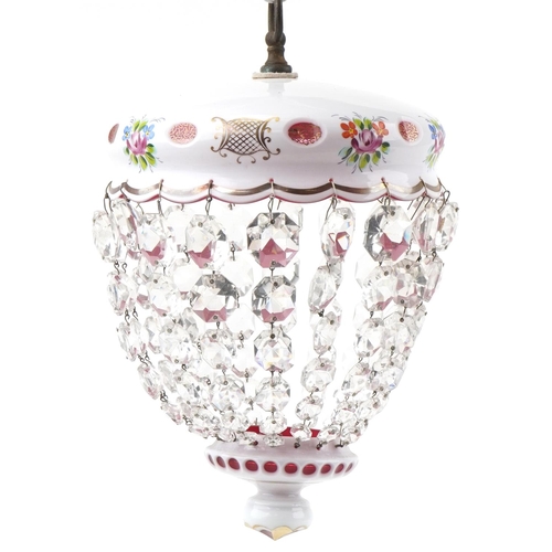 240 - Attributed to Moser, Bohemian white overlaid cranberry glass hanging light pendant with cut glass dr... 