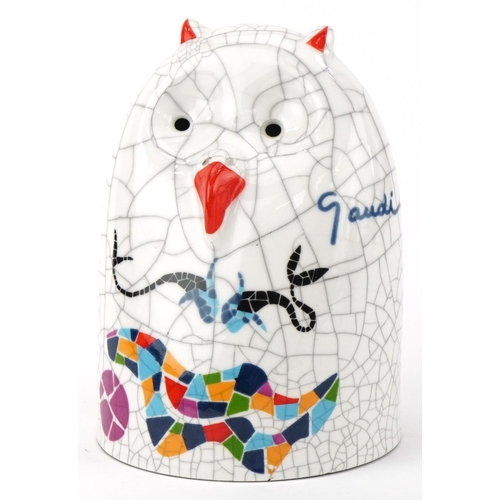 1309 - Serran Ventura mid century style Spanish porcelain owl having a crackle glaze by Gaudi, 12.5cm high