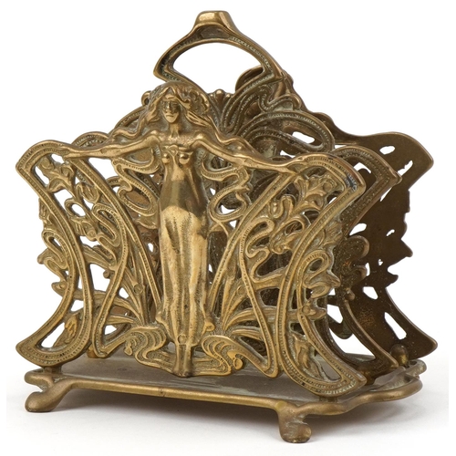 1319 - Art Nouveau style bronzed maiden design two section desk letter rack, 17cm wide