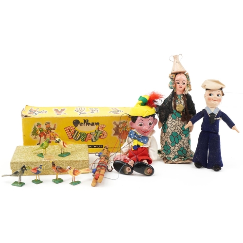 1513 - Vintage toys including  Pinocchio Pelham puppet, Nora Wellings sailor doll and six  hand painted scr... 