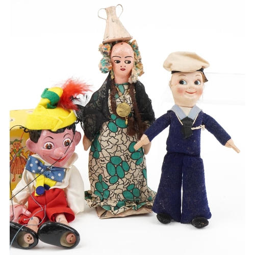 1513 - Vintage toys including  Pinocchio Pelham puppet, Nora Wellings sailor doll and six  hand painted scr... 