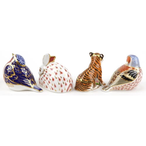 1176 - Royal Crown Derby rabbit, Sumatran tiger cub and Chaffinch robin, paperweights with gold coloured st... 