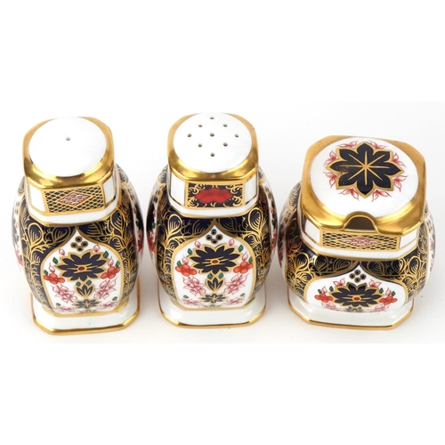 81 - Royal Crown Derby Old Imari three piece cruet set , the largest 9.5cm high