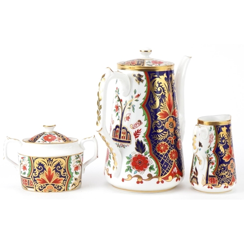 78 - Royal Crown Derby Curator's Collection 'Rich Japan Pardoe' coffee pot, milk jug and lidded sugar bow... 