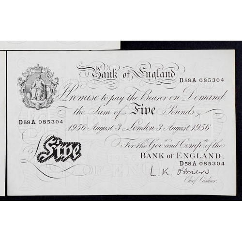 557 - Three consecutive Bank of England 1956 white five pound notes, Chief Cashier L K O'Brien, serial num... 