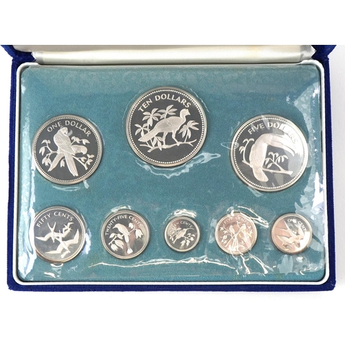 651 - 1974 Coinage of Belize silver proof eight coin set minted at The Franklin Mint, housed in a silk and... 