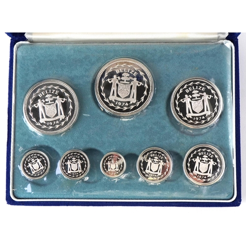 651 - 1974 Coinage of Belize silver proof eight coin set minted at The Franklin Mint, housed in a silk and... 