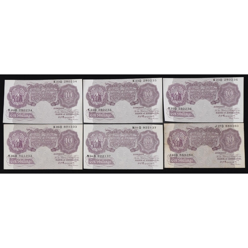 559 - Six Bank of England ten shilling notes, each Chief Cashier K O Peppiatt, including three with consec... 