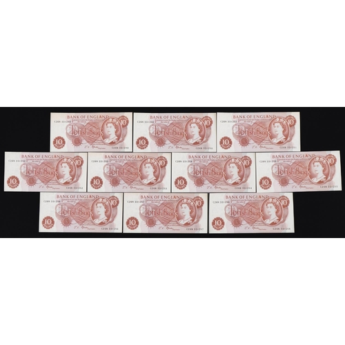 560 - Ten Elizabeth II Bank of England ten shilling bank notes with consecutive serial numbers, Chief Cash... 