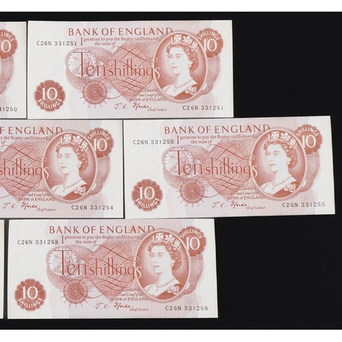 560 - Ten Elizabeth II Bank of England ten shilling bank notes with consecutive serial numbers, Chief Cash... 