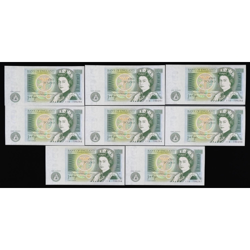 565 - Eight Elizabeth II Bank of England one pound notes with consecutive serial numbers, Chief Cashier J ... 