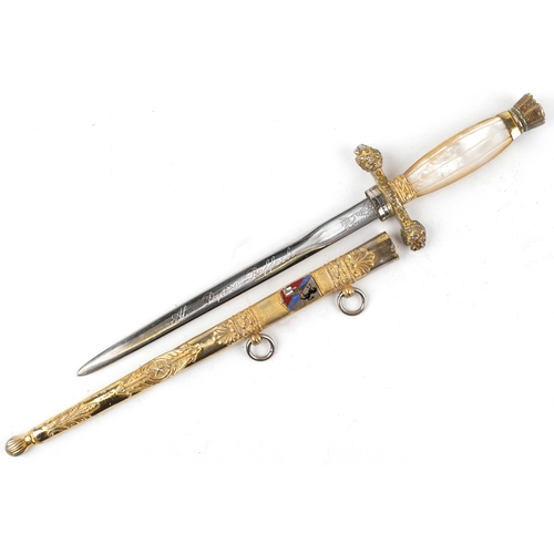 1829 - Italian military interest cadet's short sword with scabbard, mother of pearl grip and steel blade en... 