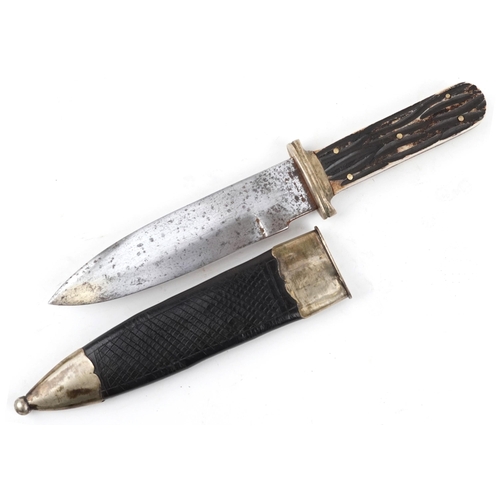 1804 - 19th century American hunting knife by M Price San Francisco with leather sheath, staghorn grip and ... 