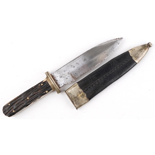 1804 - 19th century American hunting knife by M Price San Francisco with leather sheath, staghorn grip and ... 